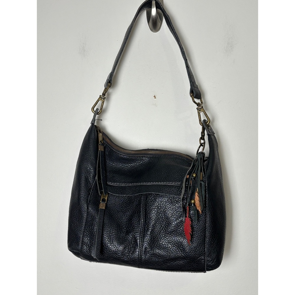 The Sak Alameda Hobo Bag Medium Black Pebbled Leather Feather Fringe Charm